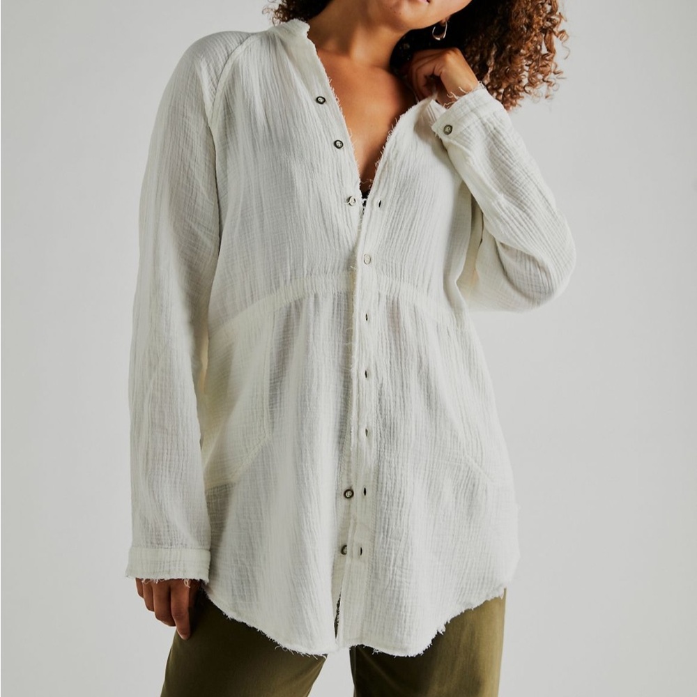 Free People We The Free Summer Daydream Shirt Ivory Button Down Raw Hem Small